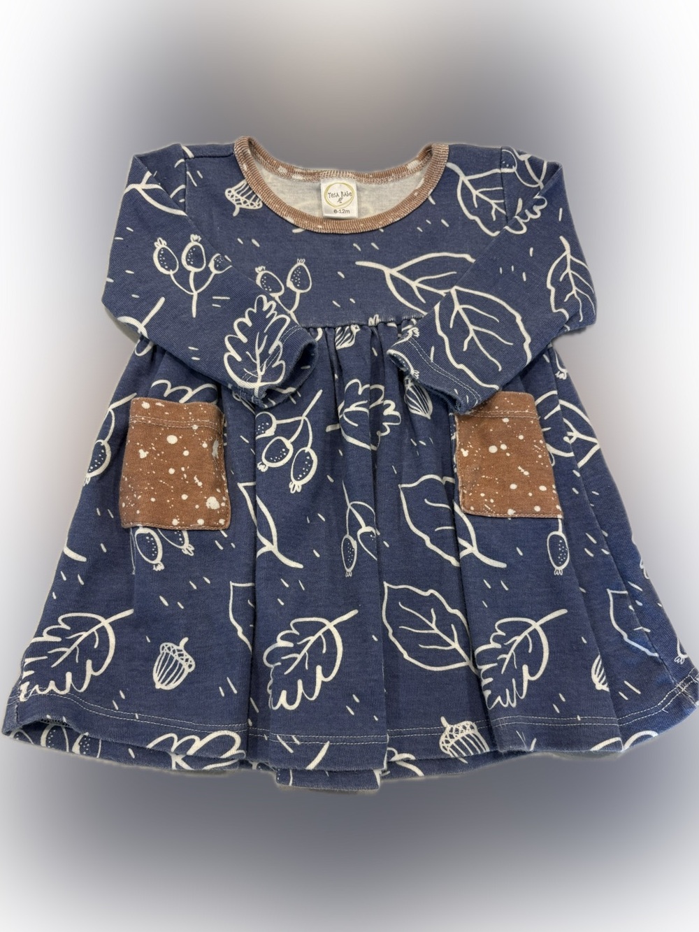 Girls Navy Leaf Print Dress with Contrast Pockets